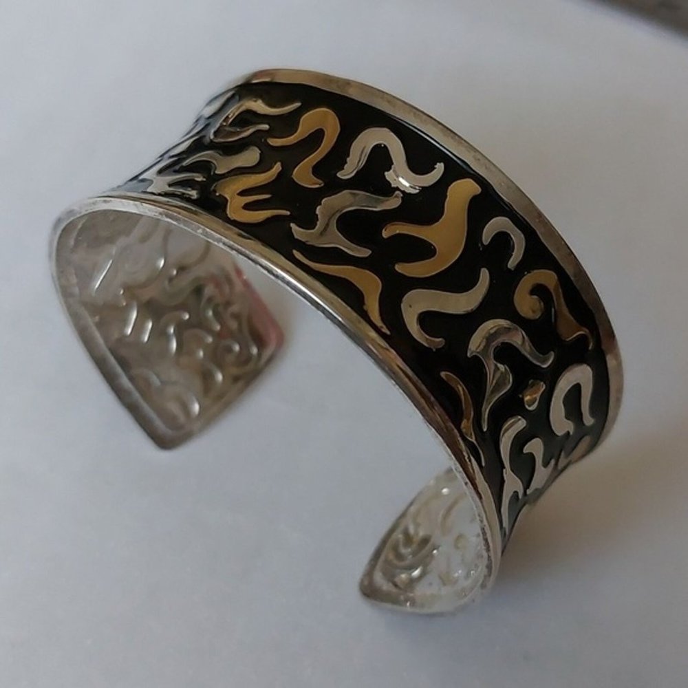 Silver Cuff Bracelet with Black Patterned Enamel